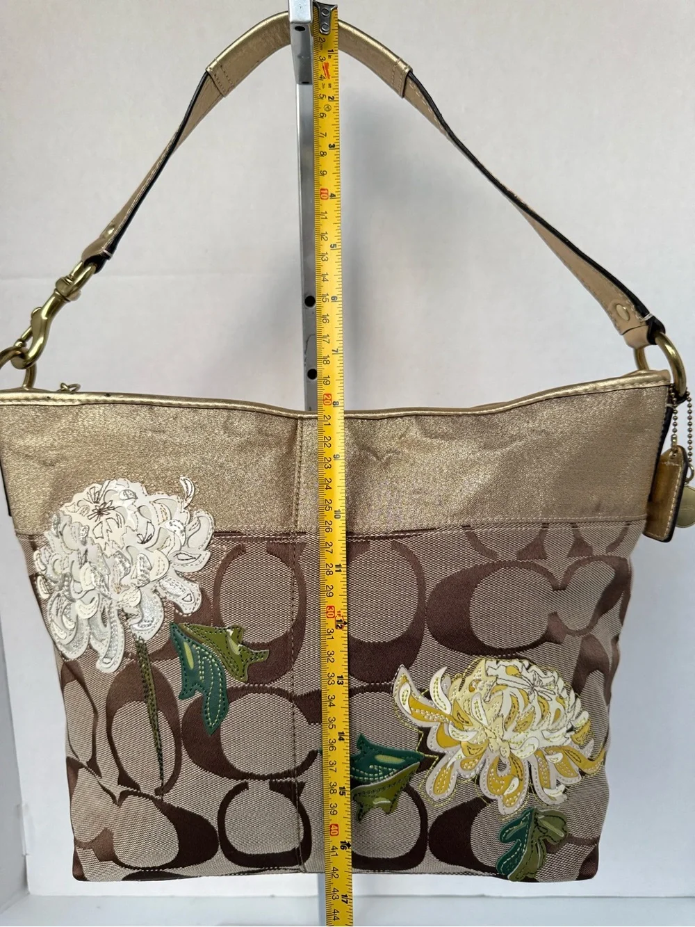 COACH Botanical Garden Handbag Hobo Signature Canvas Floral Applique Gold #12200